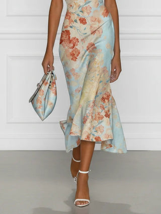 Vittoria™ | Robe Midi Sirène Sans Manches à Épaules Dénudées et Imprimé Floral Bleu