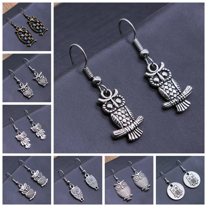 Boucles d'oreilles pendantes hibou vintage bohémien