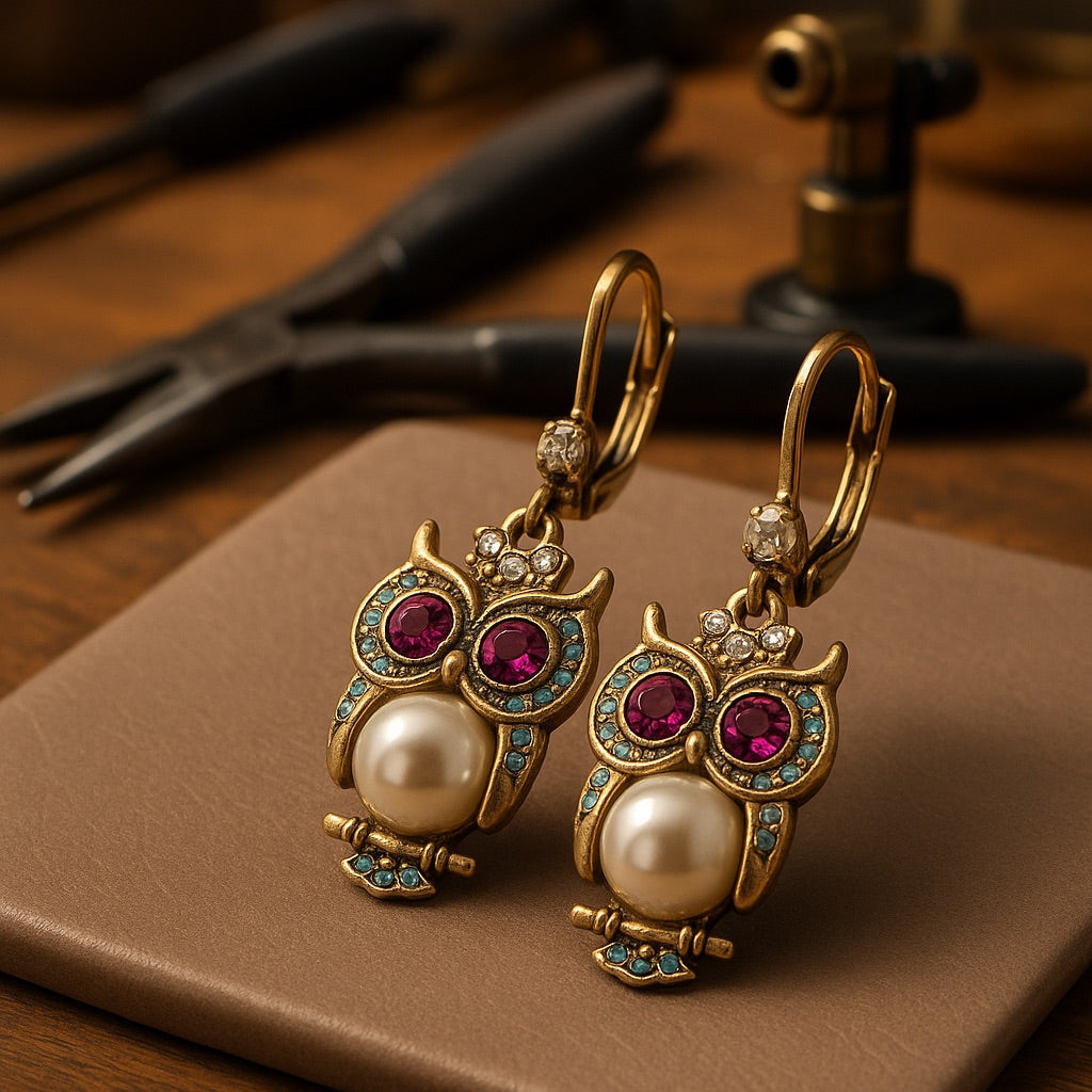 Boucles d'oreilles Vintage Hibou en Cristal – Cristaux Sertis à la Main, Plaqué Or & Détail en Perle
