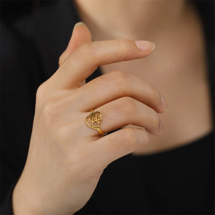Bague en Acier Inoxydable Doré avec Pattes et Cœur – Bijoux pour Amoureux des Animaux