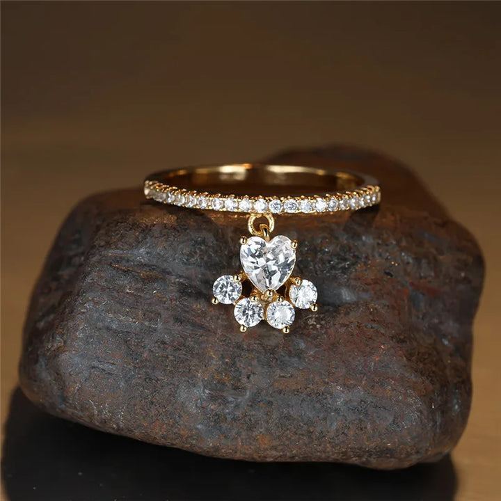 Bague Vintage Patte de Chat & Pierre Cœur – Ton Or & Argent