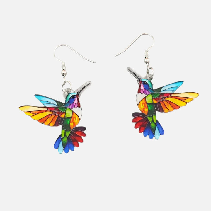 Boucles d'oreilles pendantes en acrylique avec colibri – Design d'oiseau 2D éclatant