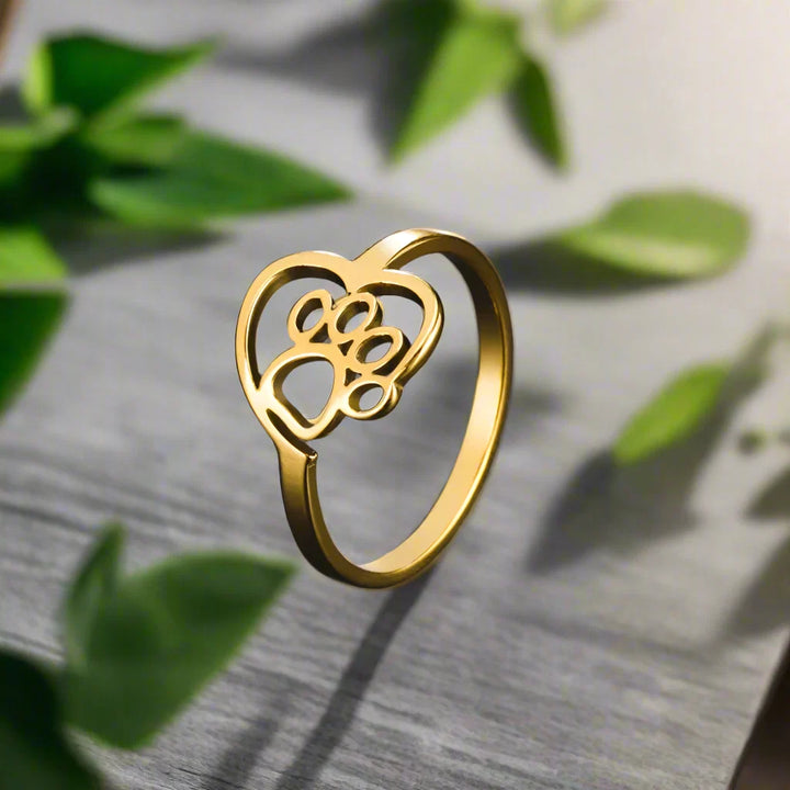 Bague en Acier Inoxydable Doré avec Pattes et Cœur – Bijoux pour Amoureux des Animaux