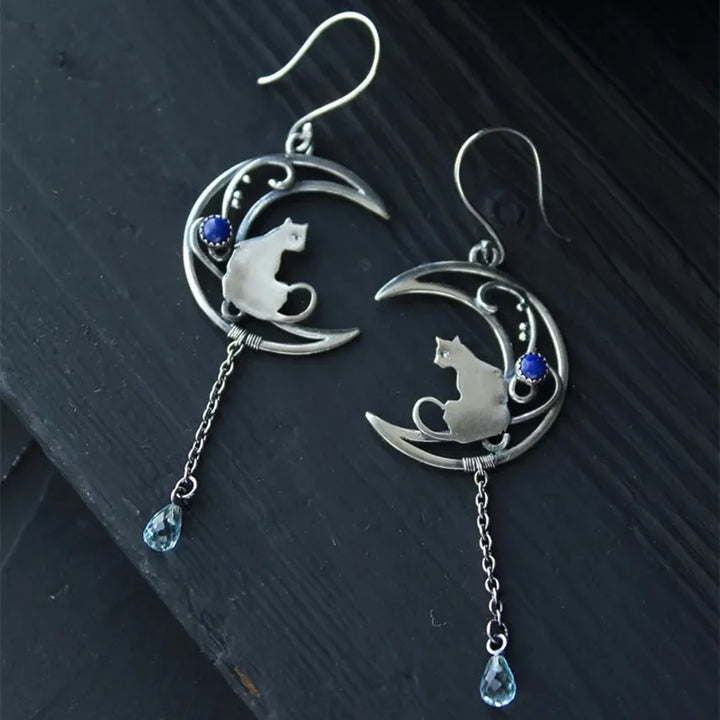 Boucles d'oreilles Chat de Lune – Design Vintage en Croissant avec Pierre Précieuse Lapis Lazuli