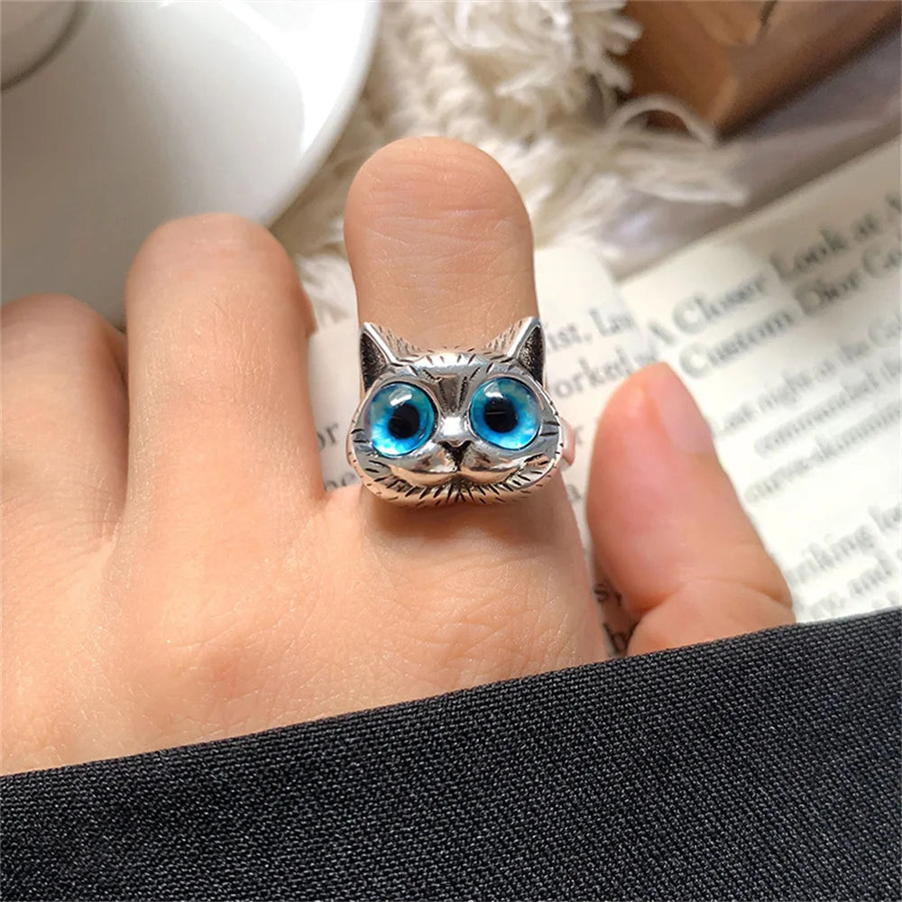 Bague Chat aux Yeux Bleus – Bague Animale Vintage en Argent Joyeuse pour Amateurs de Chats