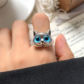 Bague Chat aux Yeux Bleus – Bague Animale Vintage en Argent Joyeuse pour Amateurs de Chats