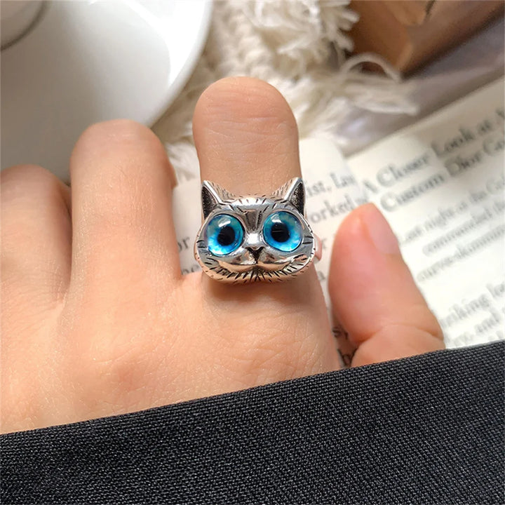 Bague Chat aux Yeux Bleus – Bague Animale Vintage en Argent Joyeuse pour Amateurs de Chats
