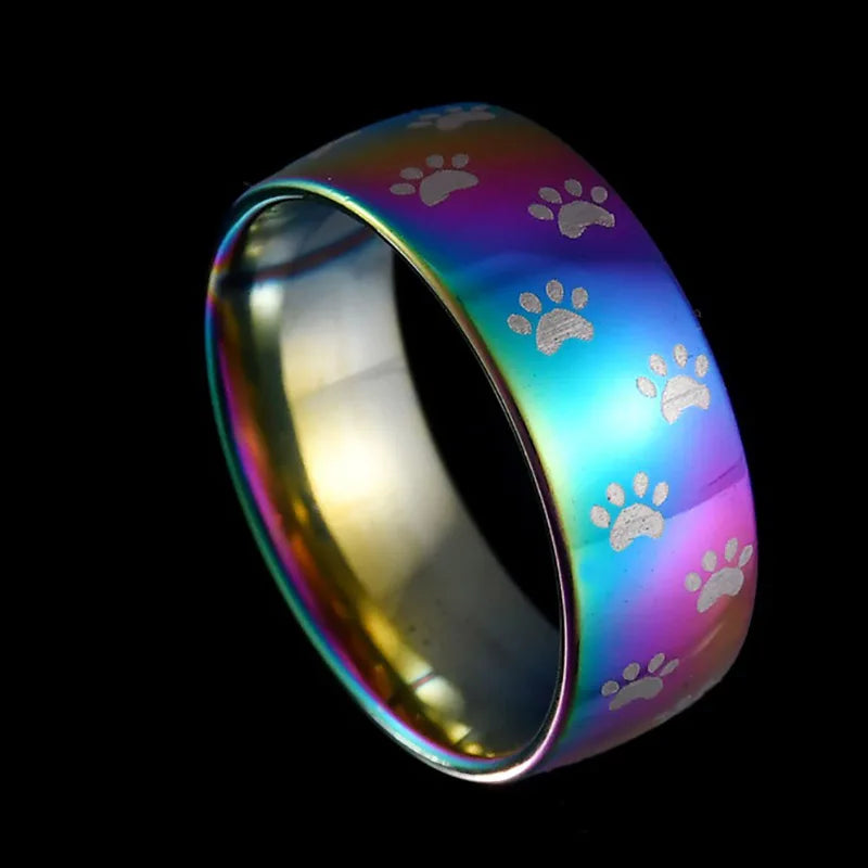 Bague en Acier Inoxydable Arc-en-Ciel avec Empreinte de Patte Artisanale