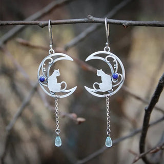 Boucles d'oreilles Chat de Lune – Design Vintage en Croissant avec Pierre Précieuse Lapis Lazuli