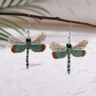 Boucles d'oreilles libellule brodées bohémiennes