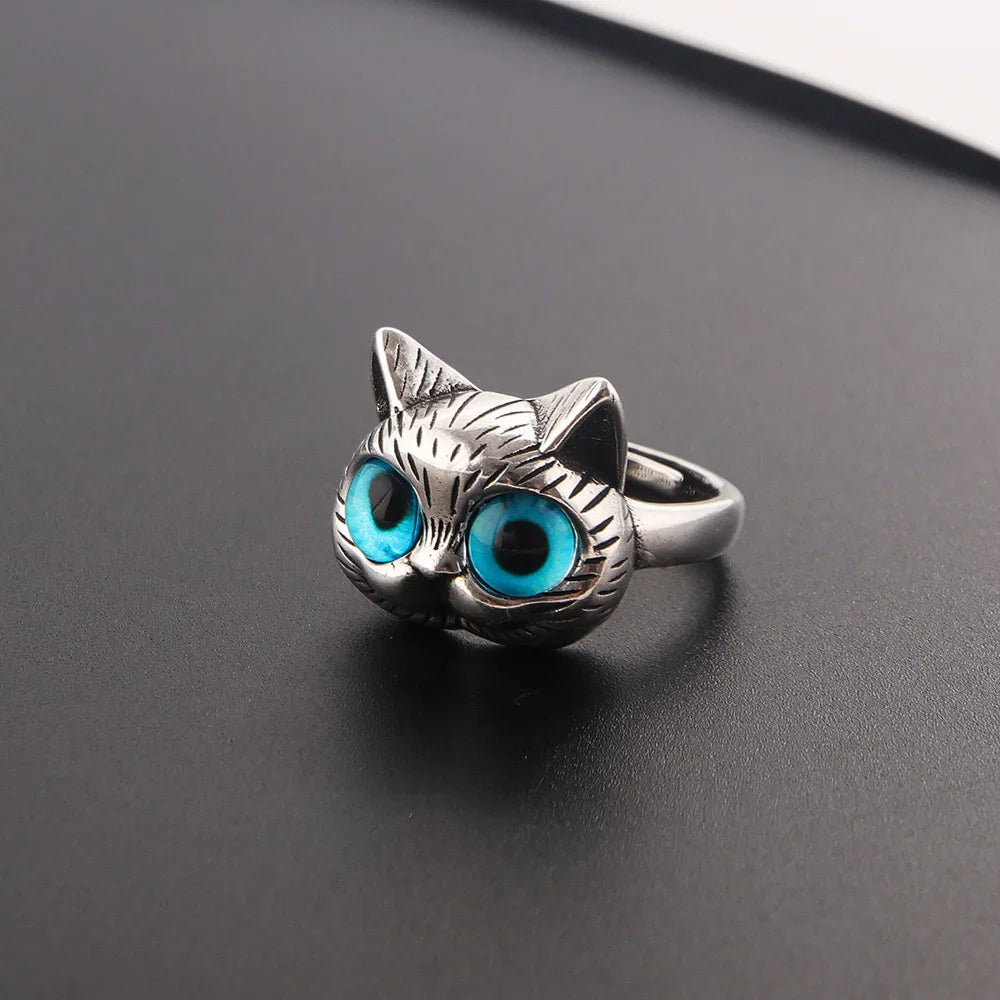 Bague Chat aux Yeux Bleus – Bague Animale Vintage en Argent Joyeuse pour Amateurs de Chats