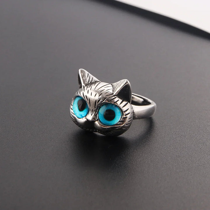 Bague Chat aux Yeux Bleus – Bague Animale Vintage en Argent Joyeuse pour Amateurs de Chats