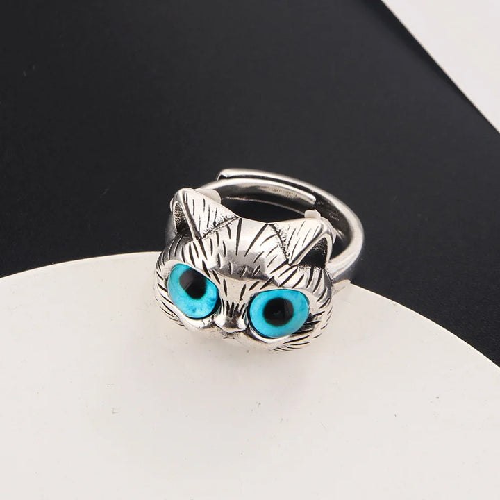 Bague Chat aux Yeux Bleus – Bague Animale Vintage en Argent Joyeuse pour Amateurs de Chats