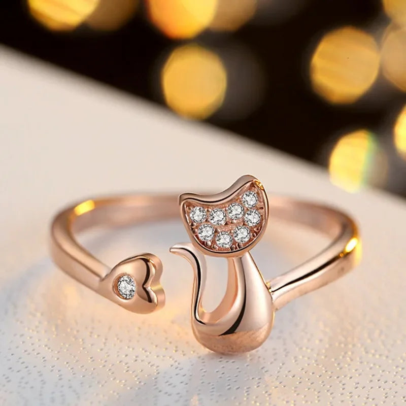 Bague Ouverte Chat Mignonne – Zirconia Cubique