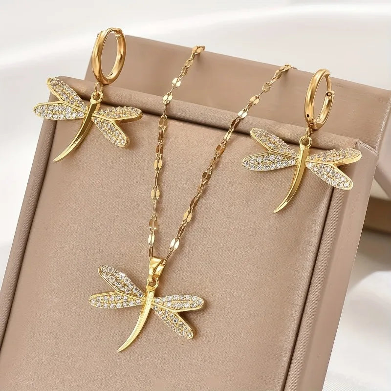 Collier en Bijoux Libellule Dorée avec Boucles d'Oreilles Bonus