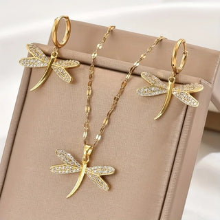 Collier en Bijoux Libellule Dorée avec Boucles d'Oreilles Bonus