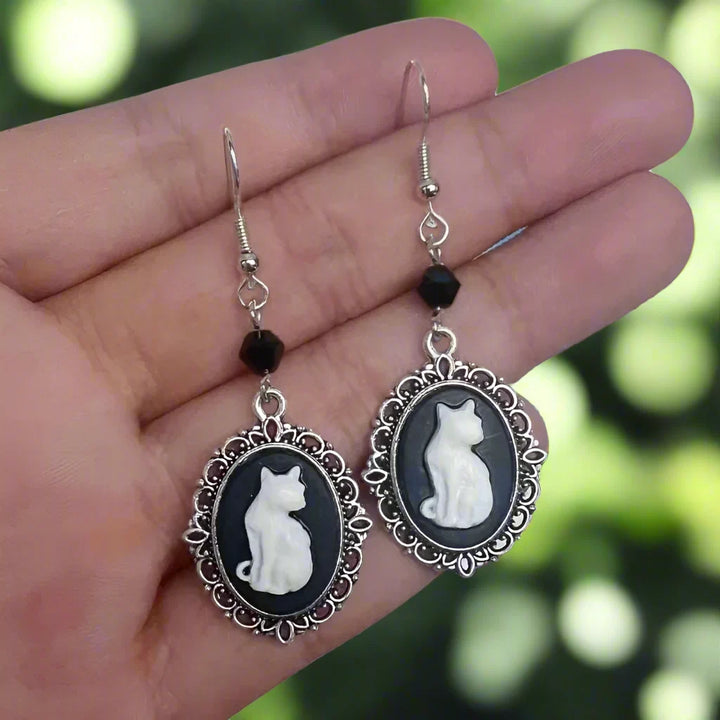 Boucles d'Oreilles Vintage Chat Blanc - Bijoux Cadre Argent pour Femmes