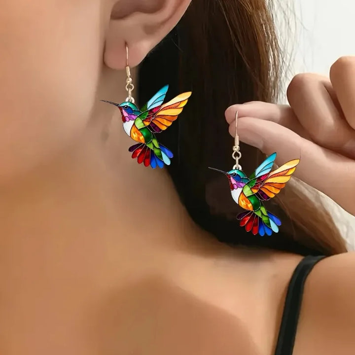 Boucles d'oreilles pendantes en acrylique avec colibri – Design d'oiseau 2D éclatant