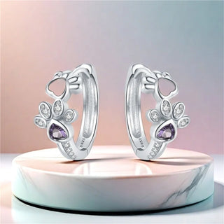 Boucles d'oreilles Paw Huggie en Argent Sterling 925 – Avec Zirconia et Pierre en Forme de Cœur