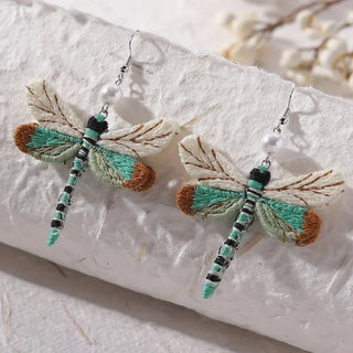 Boucles d'oreilles libellule brodées bohémiennes
