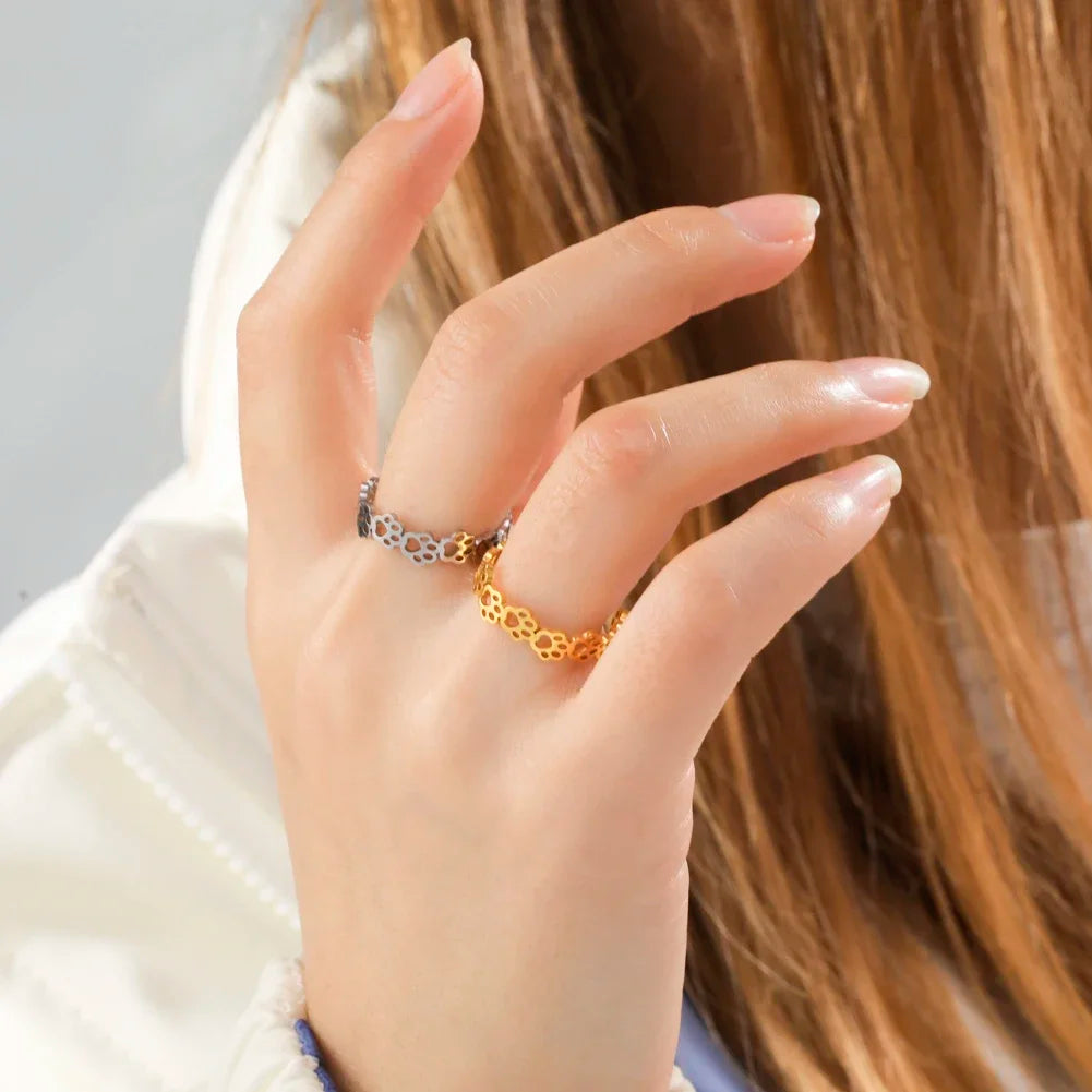 Bague Ajustable en Empreinte de Patte – Fabriquée en Acier Inoxydable