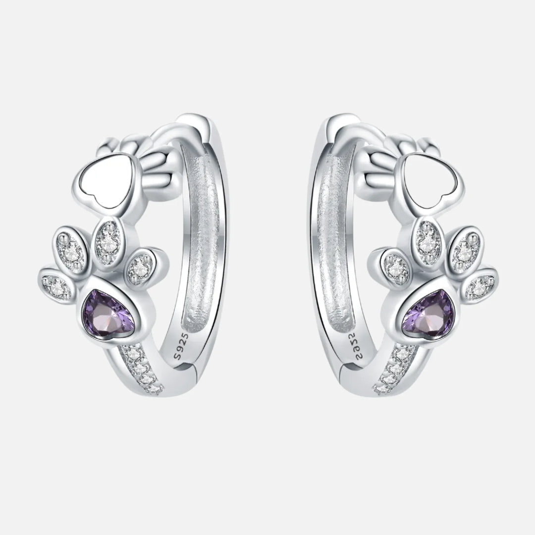 Boucles d'oreilles Paw Huggie en Argent Sterling 925 – Avec Zirconia et Pierre en Forme de Cœur
