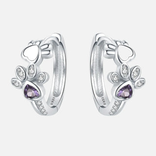 Boucles d'oreilles Paw Huggie en Argent Sterling 925 – Avec Zirconia et Pierre en Forme de Cœur