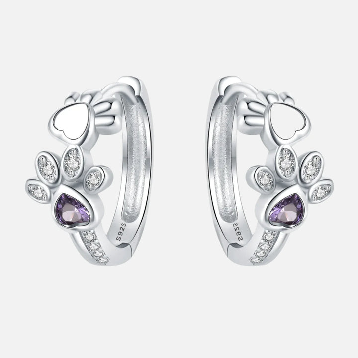 Boucles d'oreilles Paw Huggie en Argent Sterling 925 – Avec Zirconia et Pierre en Forme de Cœur