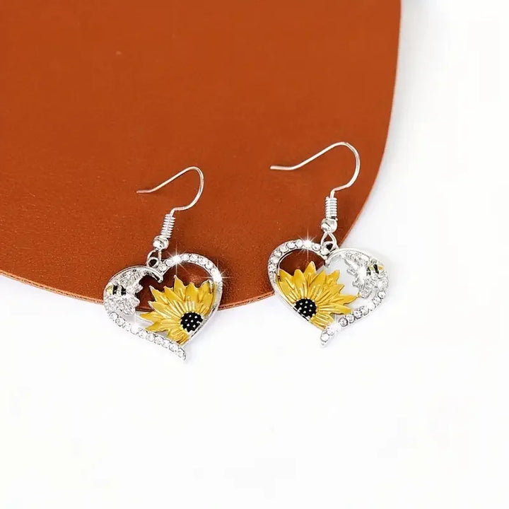 Boucles d'oreilles pendantes en forme de cœur vintage Boho avec tournesol et abeille