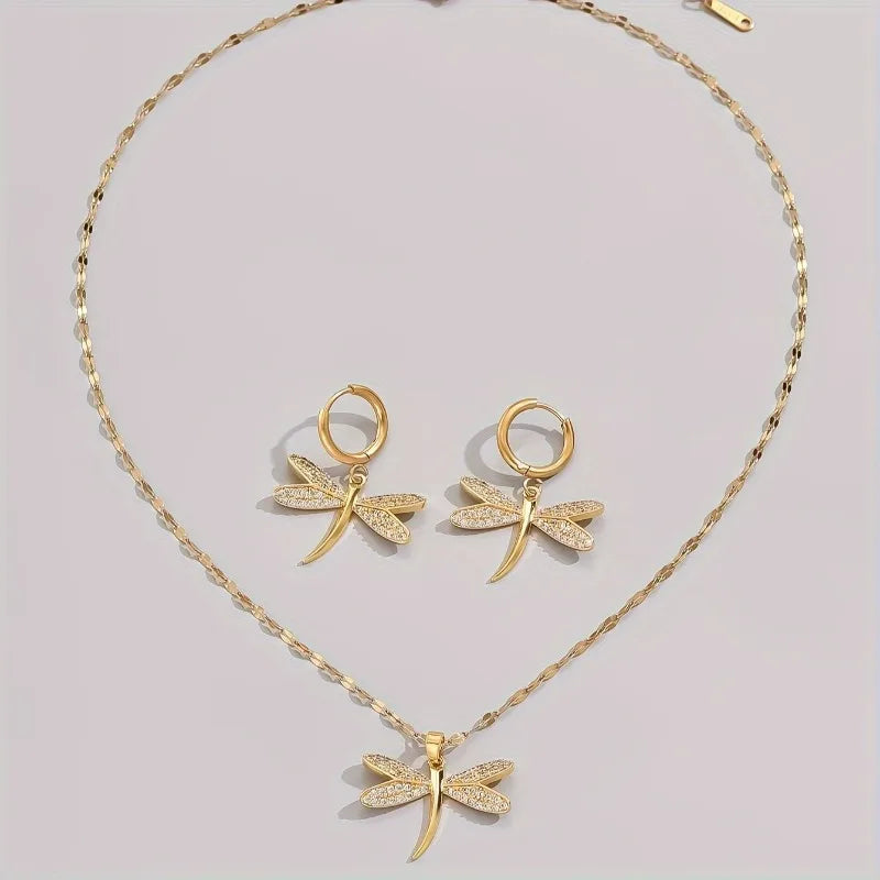 Collier en Bijoux Libellule Dorée avec Boucles d'Oreilles Bonus