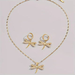 Collier en Bijoux Libellule Dorée avec Boucles d'Oreilles Bonus
