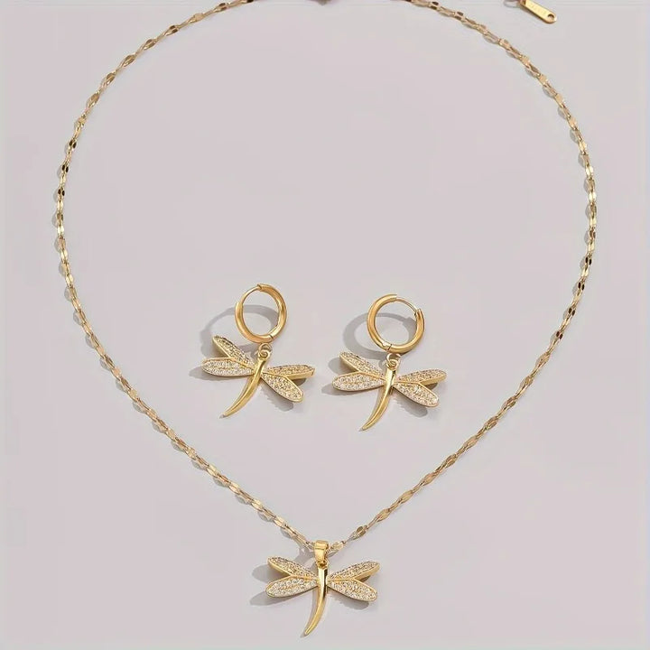 Collier en Bijoux Libellule Dorée avec Boucles d'Oreilles Bonus