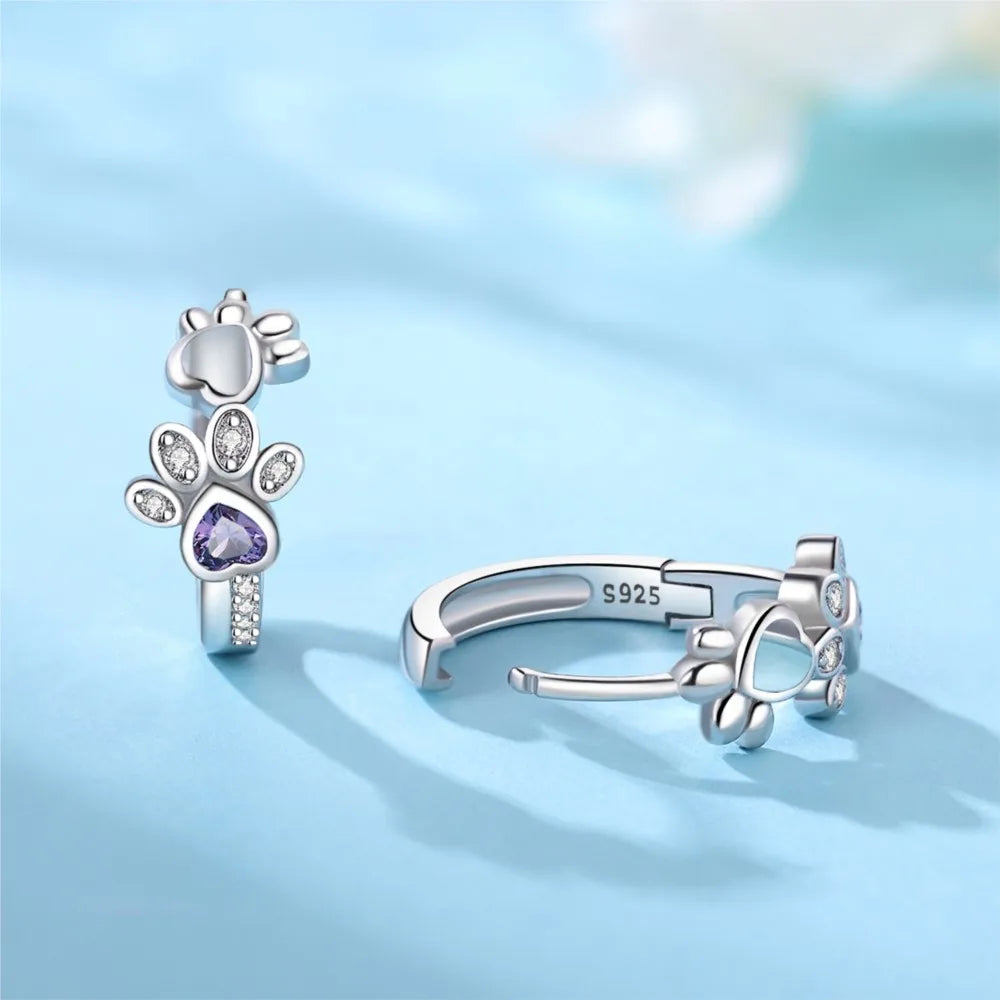 Boucles d'oreilles Paw Huggie en Argent Sterling 925 – Avec Zirconia et Pierre en Forme de Cœur