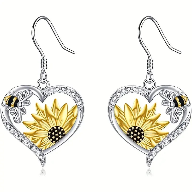 Boucles d'oreilles pendantes en forme de cœur vintage Boho avec tournesol et abeille