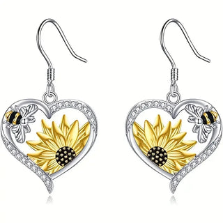 Boucles d'oreilles pendantes en forme de cœur vintage Boho avec tournesol et abeille