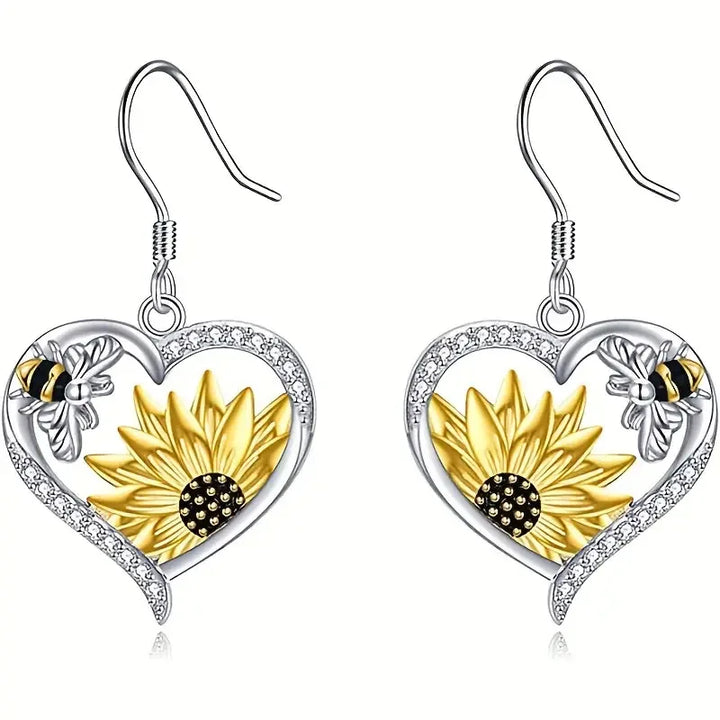Boucles d'oreilles pendantes en forme de cœur vintage Boho avec tournesol et abeille