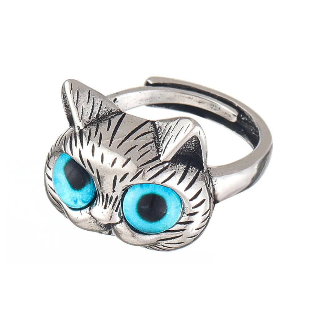 Bague Chat aux Yeux Bleus – Bague Animale Vintage en Argent Joyeuse pour Amateurs de Chats