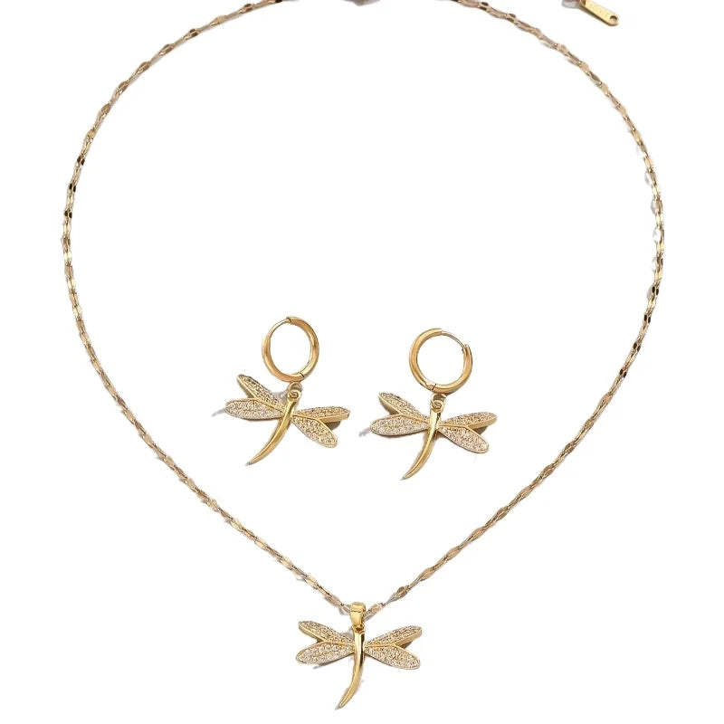 Collier en Bijoux Libellule Dorée avec Boucles d'Oreilles Bonus
