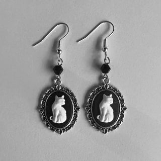 Boucles d'Oreilles Vintage Chat Blanc - Bijoux Cadre Argent pour Femmes