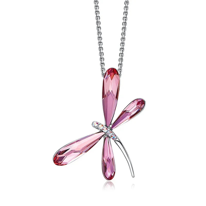 Collier Pendentif en Cristal Libellule Rose