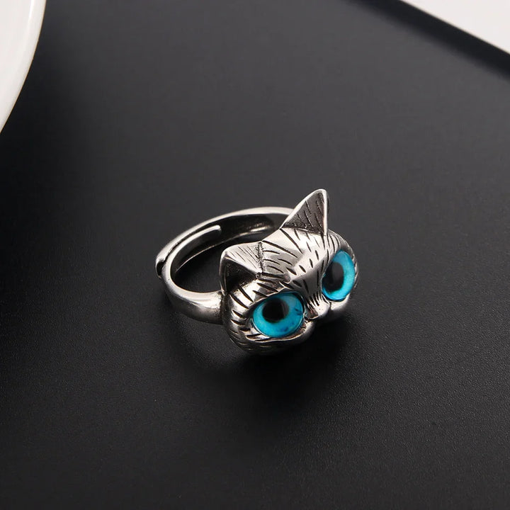 Bague Chat aux Yeux Bleus – Bague Animale Vintage en Argent Joyeuse pour Amateurs de Chats