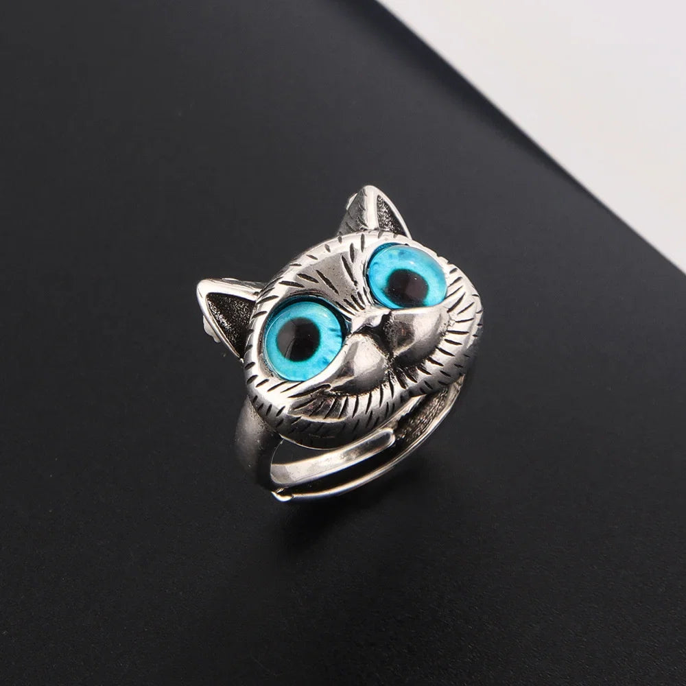 Bague Chat aux Yeux Bleus – Bague Animale Vintage en Argent Joyeuse pour Amateurs de Chats