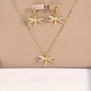 Collier en Bijoux Libellule Dorée avec Boucles d'Oreilles Bonus