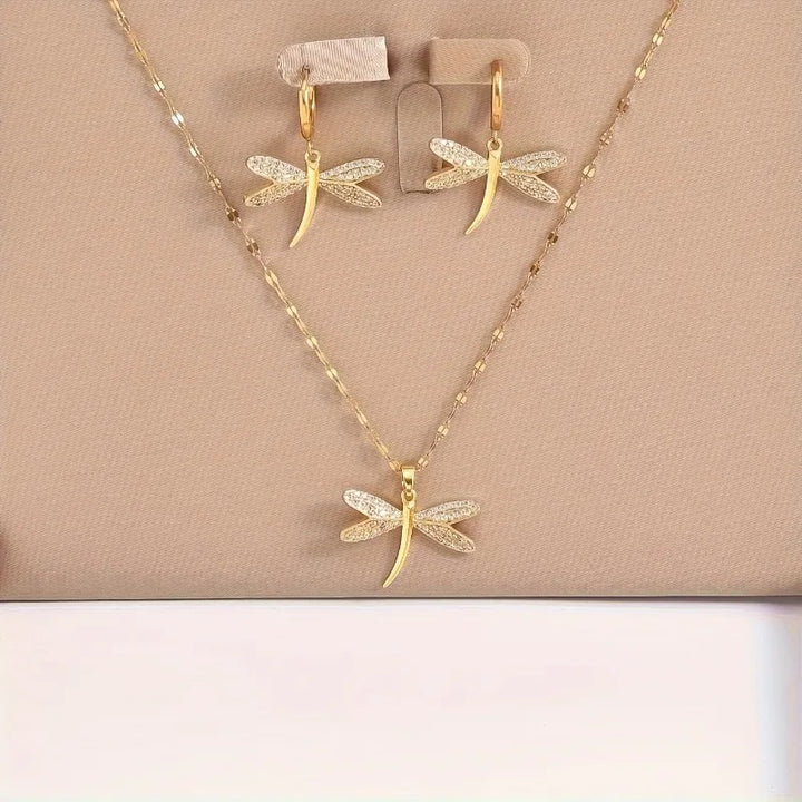 Collier en Bijoux Libellule Dorée avec Boucles d'Oreilles Bonus