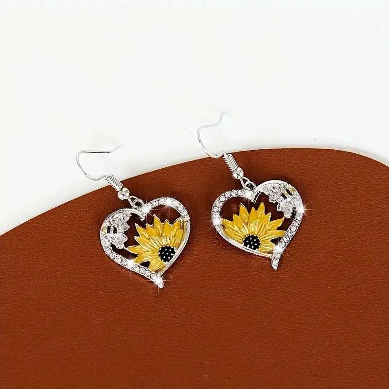 Boucles d'oreilles pendantes en forme de cœur vintage Boho avec tournesol et abeille