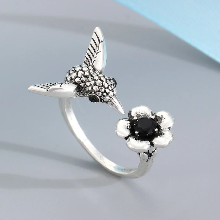 Bague Colibri & Fleur – Bague Ouverte Ajustable pour Femmes