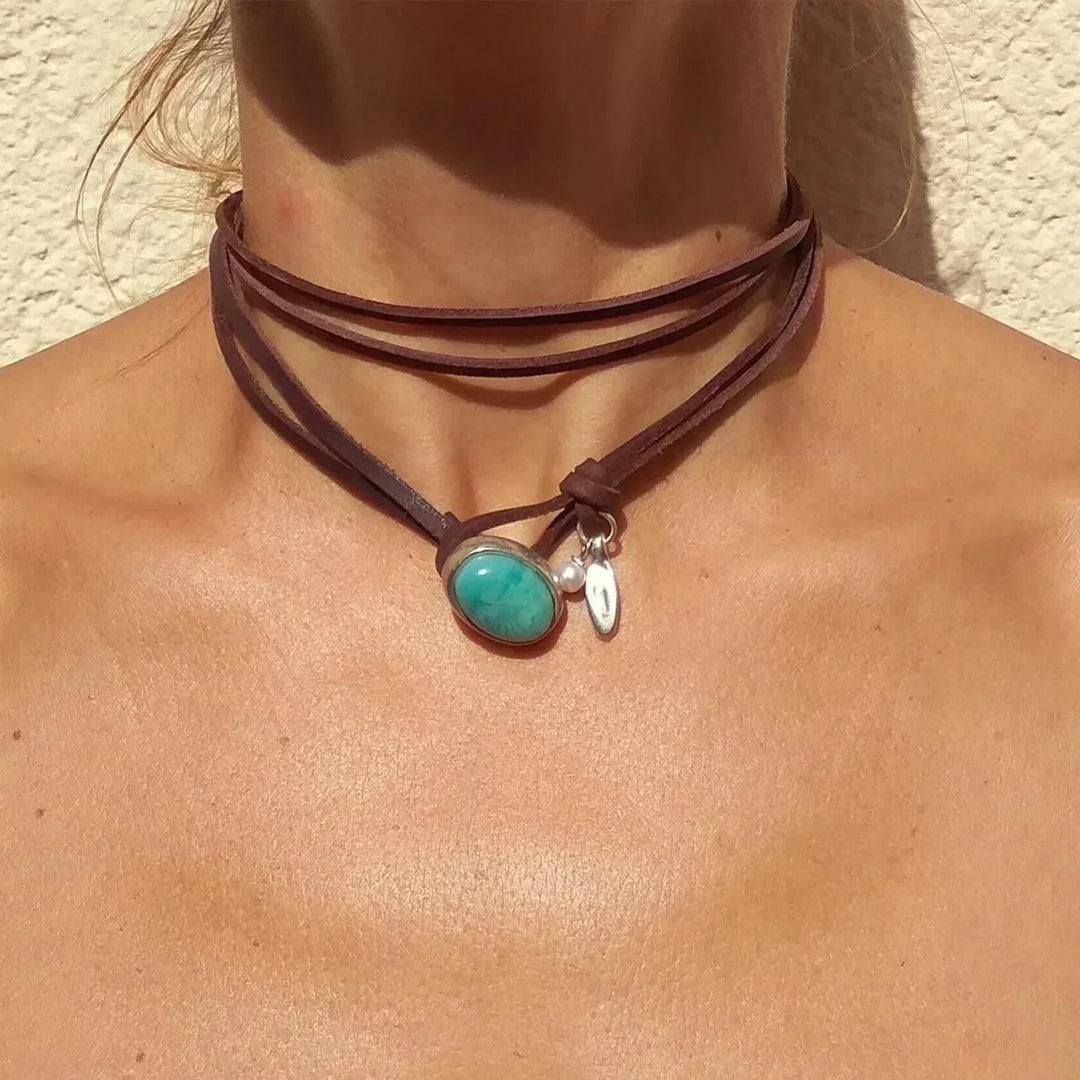 Agnese™ - Choker en Cuir avec Turquoise