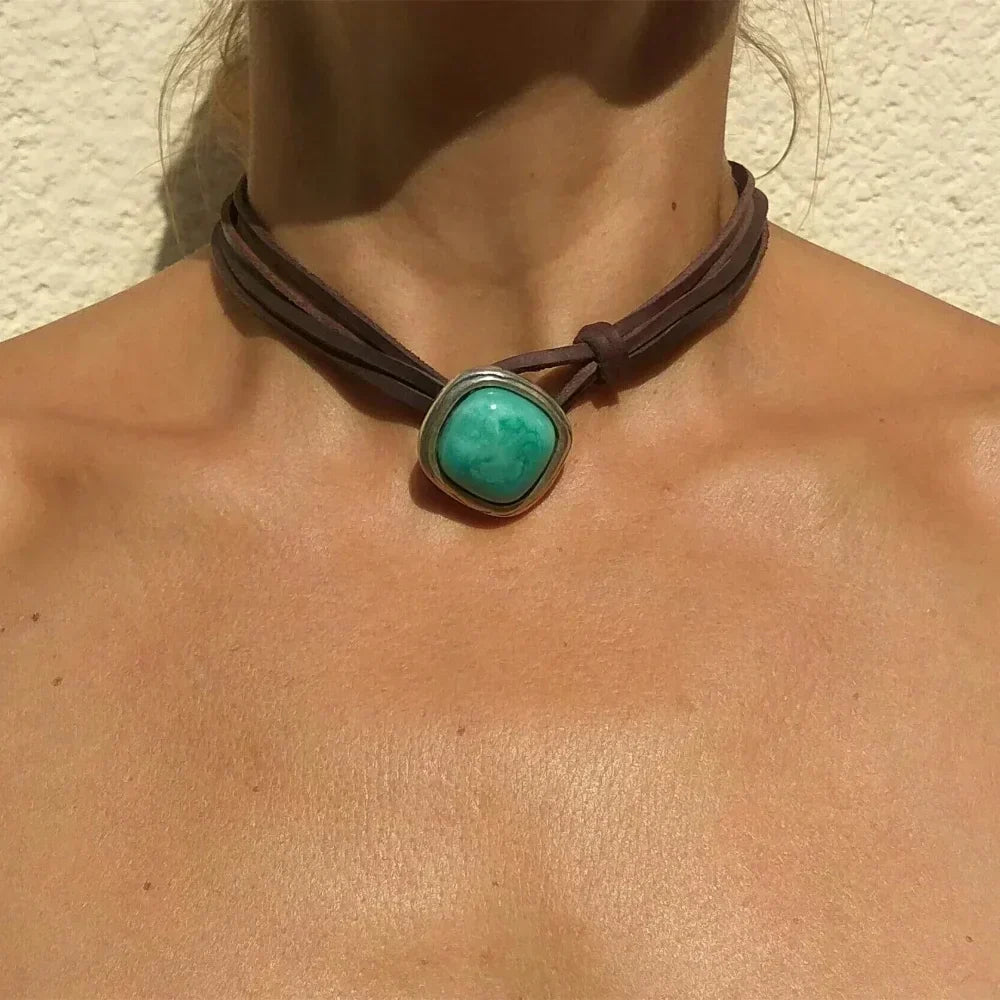 Agnese™ - Choker en Cuir avec Turquoise