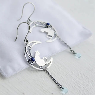 Boucles d'oreilles Chat de Lune – Design Vintage en Croissant avec Pierre Précieuse Lapis Lazuli