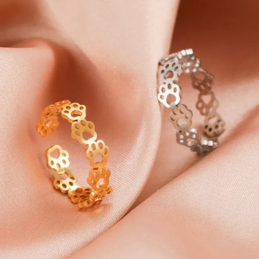 Bague Ajustable en Empreinte de Patte – Fabriquée en Acier Inoxydable